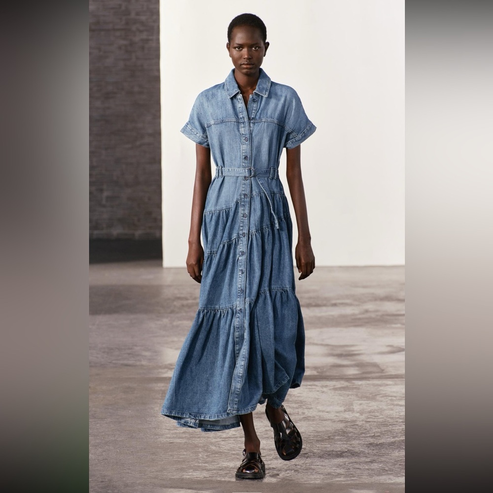 ZARA RARE Denim Maxi Belted Shirt Dress Hard To Find! EUC